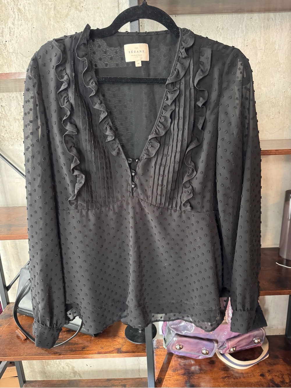 Sezane Black Ruffled Swiss Dot Blouse Size L NWOT